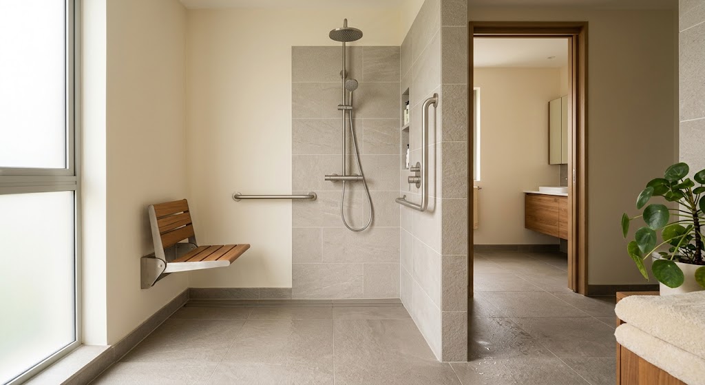 Step-free shower with fold-down seat and grab rails