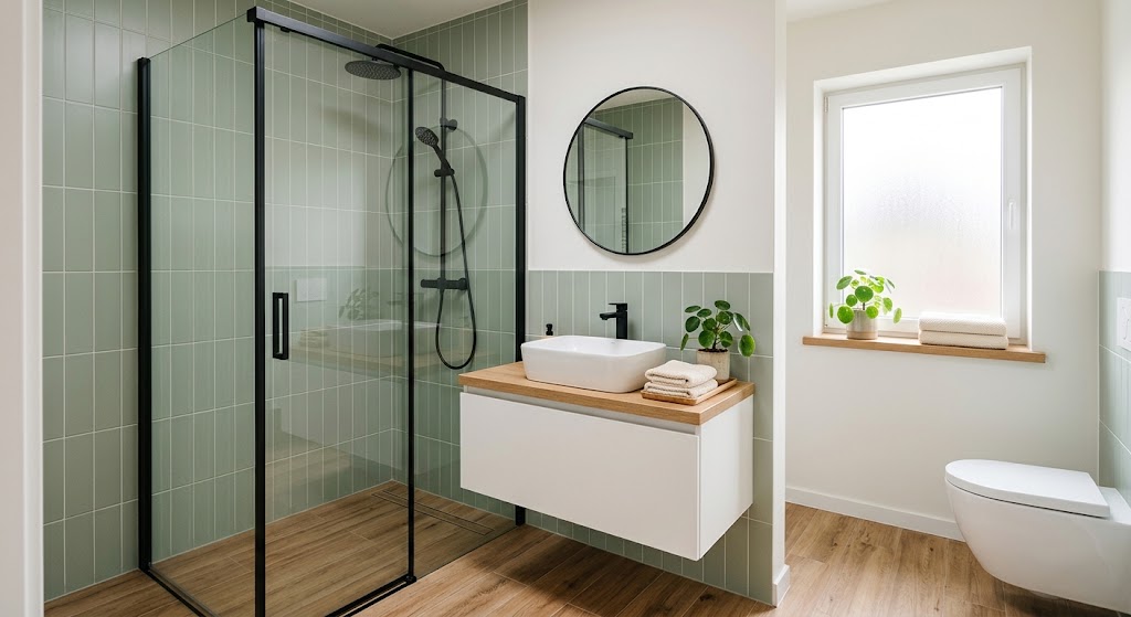 Bright prefabricated bathroom with sage green tiles, glass walk-in shower and oak vanity